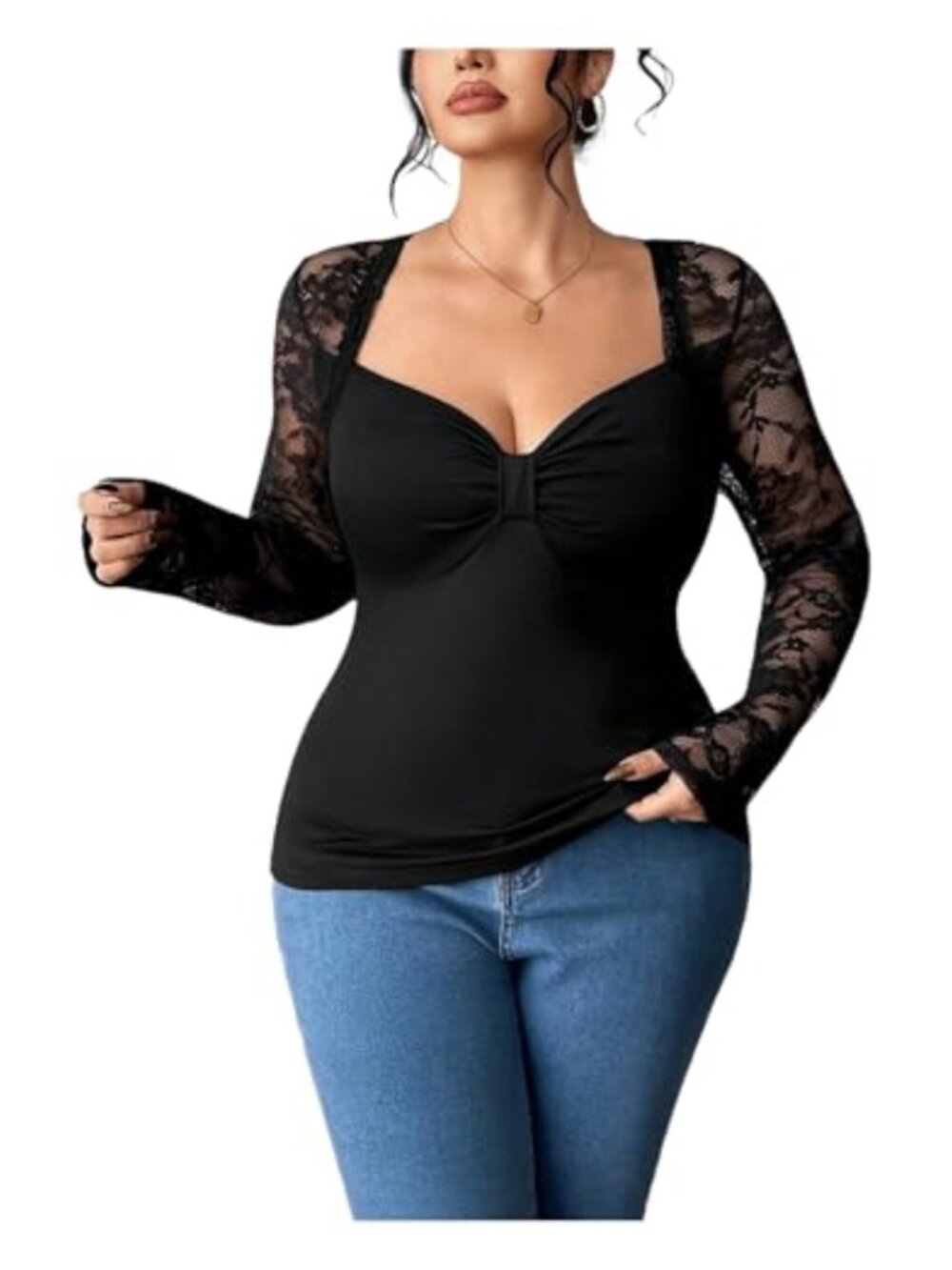 Plus Size Lace Long Sleeve Sweetheart Neckline Fitted Going Out Top